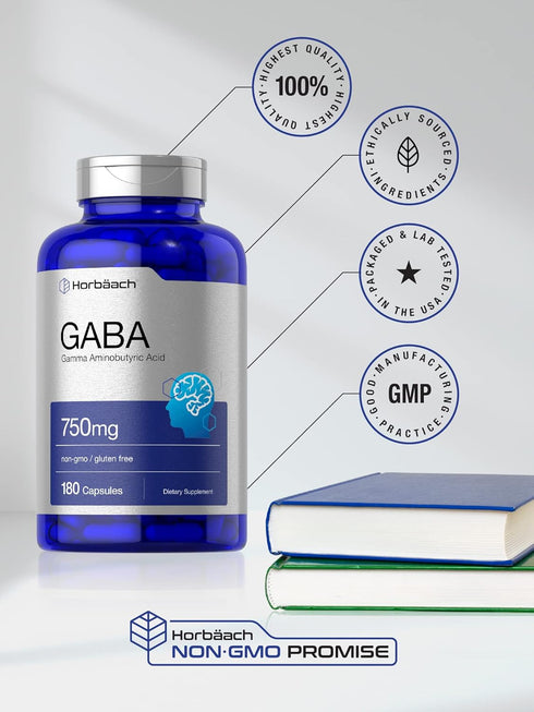 Horbaach GABA 750mg, 180 Capsules, Non-GMO, Gluten Free, Gamma Aminobutyric Acid Supplement