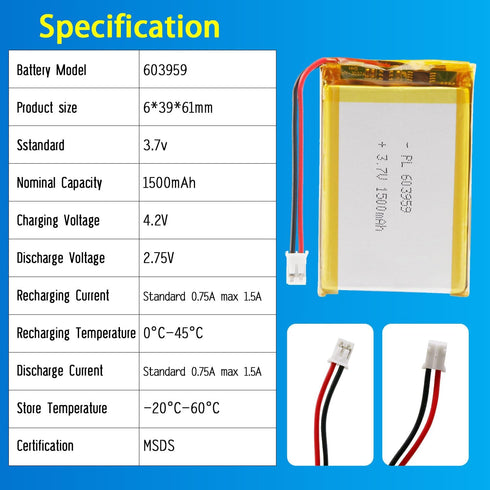 Qimoo 603959 3.7V 1500mAh 603959 Pack PH2.0mm Lipo Battery Rechargeable Lithium Polymer Battery with JST Connector