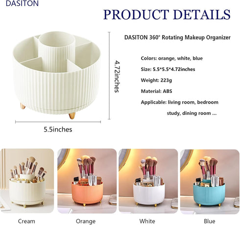 DASITON Large Capacity Makeup Brush Holder, 360 Rotating Organizer, 5 Slot Cup for Vanity Decor and Bathroom