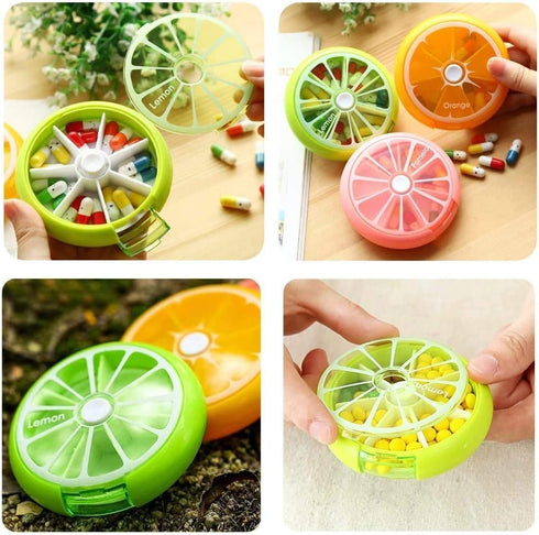 KINMINGZHU 7 3-Compartment Portable Mini Day Weekly Circular Shape Rotary Cute Fruit Style Pill Organizer Box (Mixed