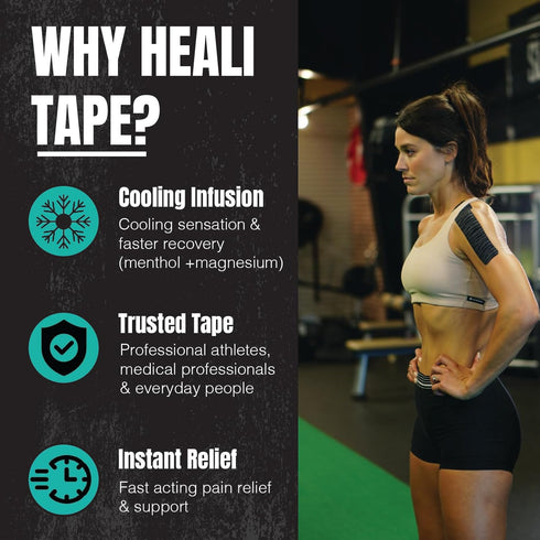 Heali Kinesiology Tape with Magnesium and Menthol - 20 Pcs Precut Strips for Muscle and Joint Pain Relief, Black Zebra