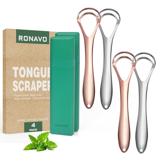 RONAVO Tongue Scraper for Adults - 4 PC, Dual Scraping Head with Travel Cases, Stainless Steel Tongue Cleaner