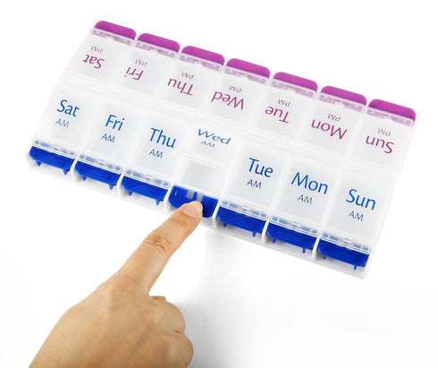 Smart Essentials 7-Day Weekly AM/PM Pill Organizer, Medicine Box with Large Compartments, Pink and Blue, Clear Plastic
