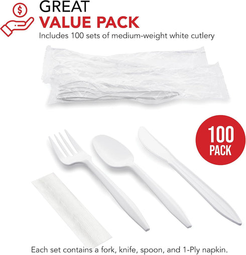 Party Essentials Individually Wrapped Plastic Cutlery Packets, 100 Sets, Includes White Fork, Spoon, Knife, Napkin