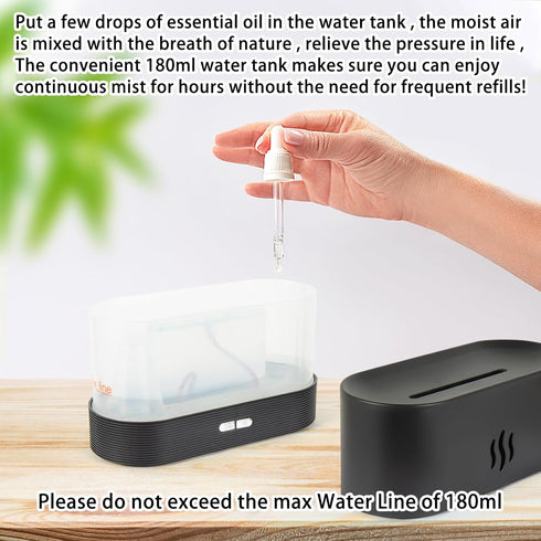 Flame Diffuser Humidifier with Fire Flame Effect, 180ml Aroma Humidifier, Auto Off, 2 Modes, Black for Home, Office,