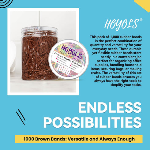 Hoyols Strong Hair Elastic Rubber Bands, No Damage Ties for Women, 1000 Piece Pack, Brown