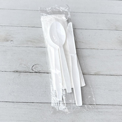 Set, 250 Boardwalk Disposable Plastic Cutlery Four Piece Silverware Kit, Case of Medium Weight Fork Knife Spoon Napkin