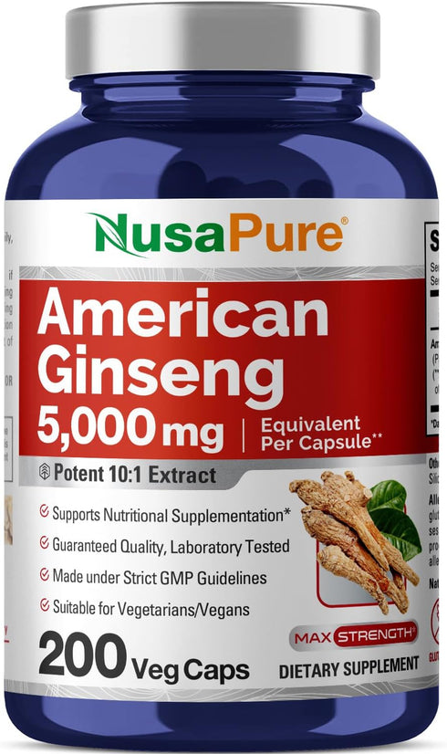 NusaPure American Ginseng 10:1 Extract, 500 mg Equivalent to 5000mg - 200 Veggie Capsules, Non-GMO, Vegan