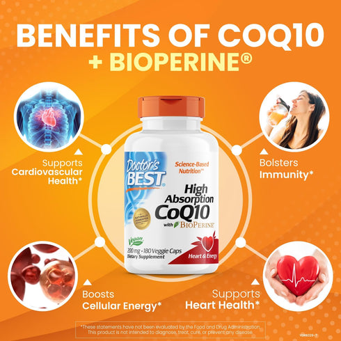 Doctor's Best High Absorption CoQ10 with BioPerine, 200 mg, 180 Count, Vegan, Non-GMO, Gluten & Soy Free