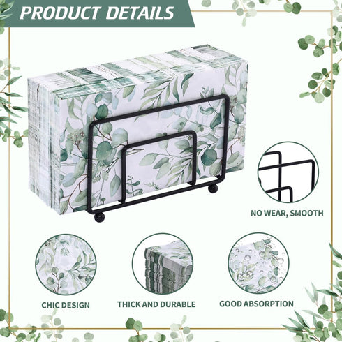 zjdbset 100Pcs Disposable Greenery Hand Towels and Metal Napkin Holder for Bathroom,Decorative Guest Napkins Paper