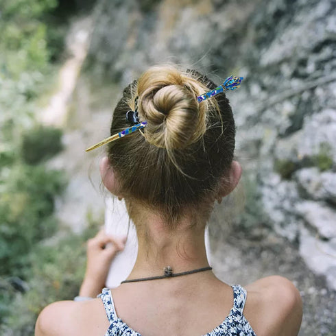 Honbay Vintage Cloisonn Hair Stick with Lotus, Chinese Traditional Style Hairpin, Peacock Blue