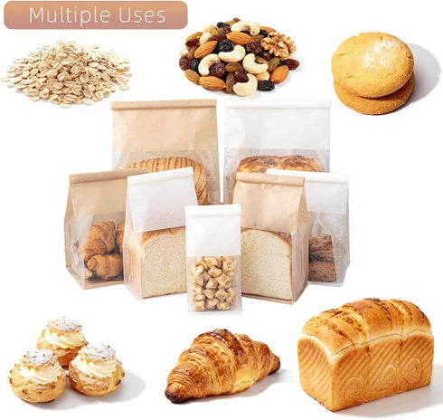Roppolo 100 Packing 3.9 Inch Pcs Bread Bags with Tin Tie, Loaf Bags Made Of Brown Cotton Paper, Storage Bag with Clear