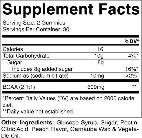 Vitamatic BCAA Gummies, 600mg per Serving, Peach Flavor, 60 Vegan Pectin Based Gummies (2 Bottles)