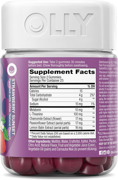 Gummy, 10mg 50 Count OLLY Max Strength Sleep Melatonin, L-Theanine, Chamomile, Lemon Balm, Sugar Free, Vegetarian Sleep