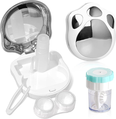 Contact Lens Travel Kit with Cleaner Washer, Portable Box with Mirror, Tweezers, Remover Tool, Solution Bottle (Silver2)