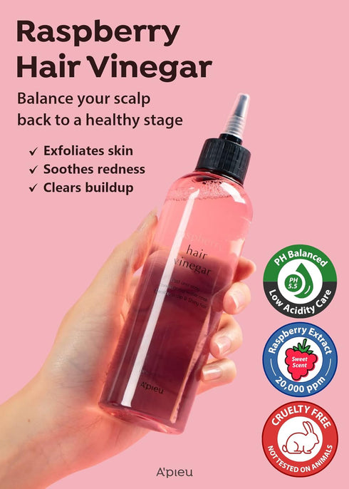 A PIEU Raspberry Hair Vinegar Rinse 6.76 Fl oz - Scalp Treatment for Balanced pH, Shiny Hair | Clarifies & Encourages Growth | Dandruff & Oil Control