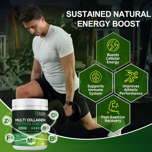 NATURE TARGET Multi-Collagen-Peptides-Powder, Hydrolyzed Collagen with Energy Blend & Multivitamins, 35 Servings