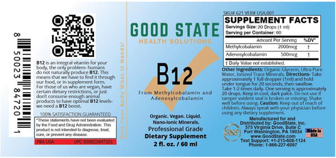 Good State Vitamin B12 Liquid Mineral Supplement, Vegan, Organic, 2 Fl oz Bottle