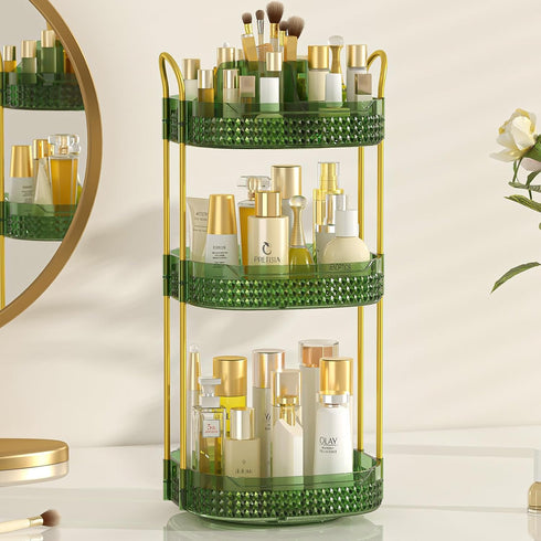 Rotating Makeup Organizer for Vanity 3 Tier, Large Capacity Cosmetics Clear Skincare Organizer with Makeup Brush Holder