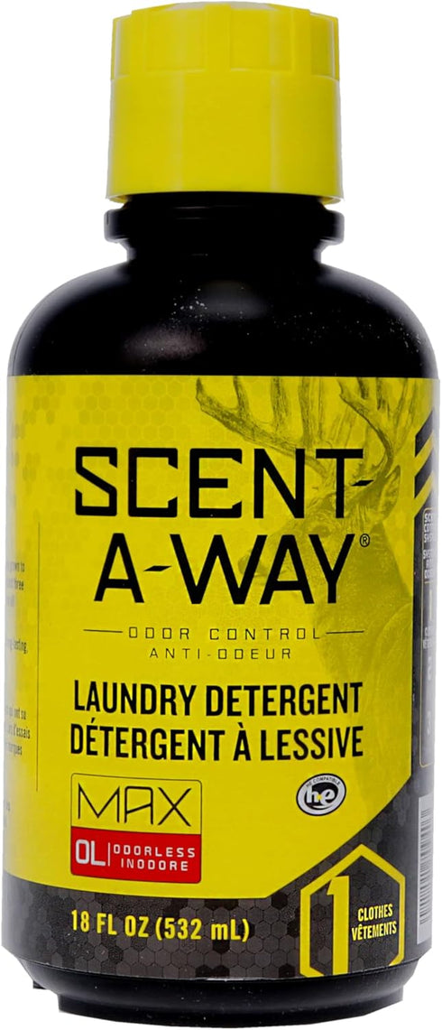 Scent Eliminator Laundry Detergent, Hunters Specialties Scent-A-Way MAX, Unscented Formula, 18 OZ Bottle for Hunting