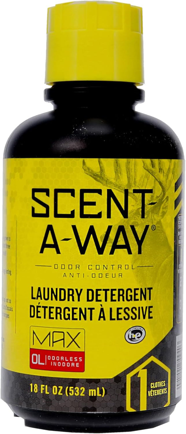 Scent Eliminator Laundry Detergent, Hunters Specialties Scent-A-Way MAX, Unscented Formula, 18 OZ Bottle for Hunting