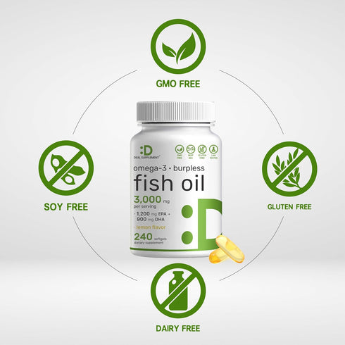 DEAL SUPPLEMENT Omega 3 Fish Oil Supplements - 3,000mg Per Serving, 240 Softgels for Brain & Heart Support