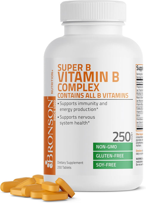 Bronson Vitamin B Complex (B1, B2, B3, B6, B9 - Folic Acid, B12), 250 Tablets