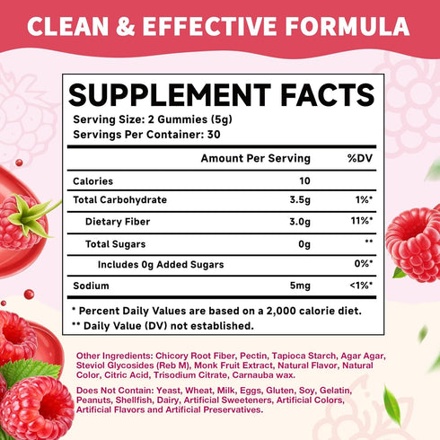 Gummies 60 Count Fiber for Digestive Health & Regularity, Sugar-Free High Fiber Supplement for Adults & Kids, Soluble