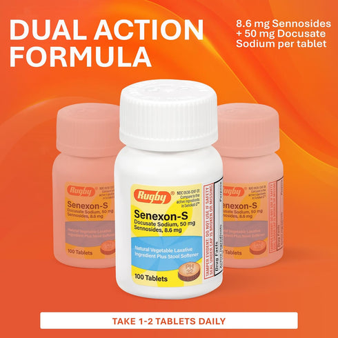 Rugby Senexon-S Natural Vegetable Laxative Plus Stool Softener - 100 Tablets (Docusate Sodium 50mg, Sennosides 8.6mg)