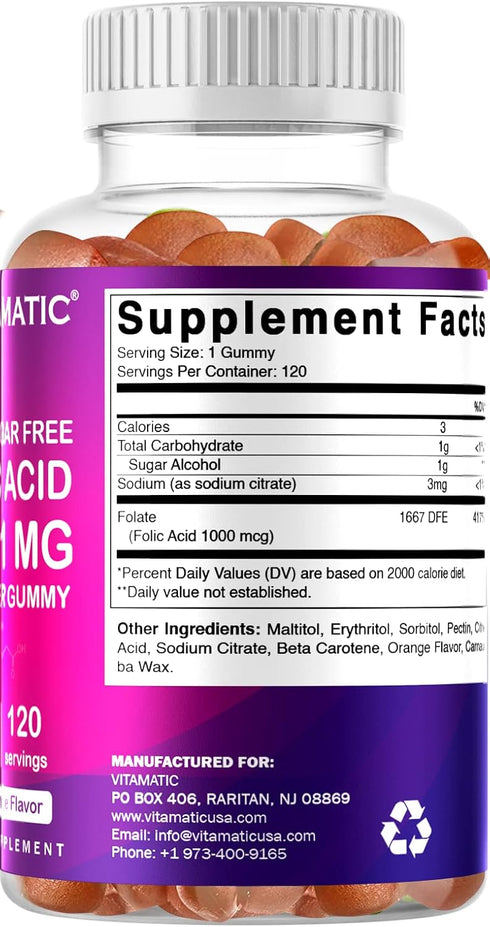 Vitamatic Folic Acid Gummies 1000 mcg - 120 Vegan Gummies - Essential Prenatal Vitamins for Mom & Baby