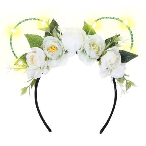 White Rose Flower Light Up Mouse Ear Headband, Floral Headwear for Women Girls, Wedding Party Costume