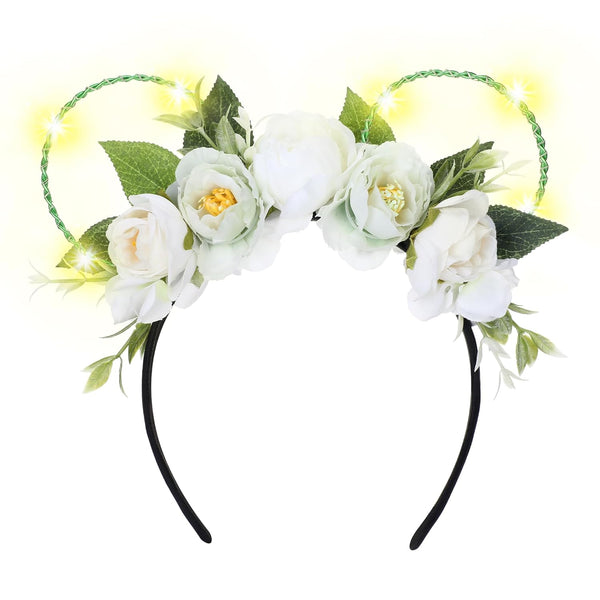 White Rose Flower Light Up Mouse Ear Headband, Floral Headwear for Women Girls, Wedding Party Costume