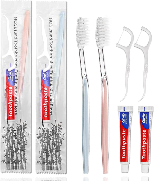 50pcs Disposable Toothbrushes with Toothpaste and Floss, Individually Wrapped Bulk Kit for Hotels and Guests