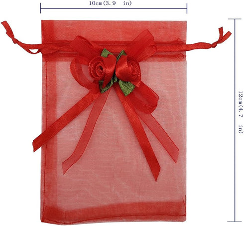 50pcs Sheer Organza Favor Bags - 3.8x4.8'' Gift Bags for Wedding Samples Display, Drawstring (Hot Red)