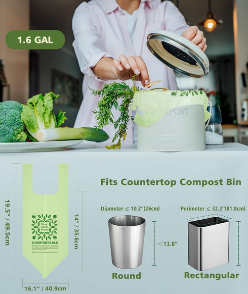 AYOTEE 1.6-2 Gallon Compostable Trash Bags, 50 Count Mini Biodegradable Kitchen Food Scrap Waste Bags with Handle Tie