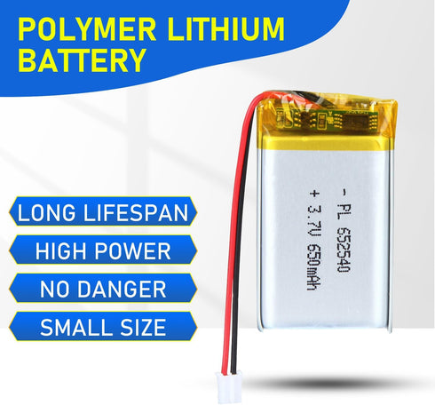 652540 3.7V Lipo Battery 650mAh, Rechargeable Lithium Polymer Battery Pack with JST PH2.0mm Connector for Electronic