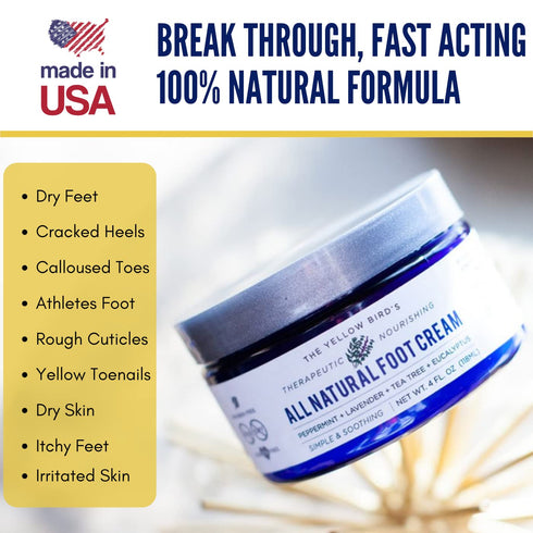 Yellow Bird Natural Foot Cream, Organic Athlete’s Foot Balm, Moisturizer for Heel Care & Callus Treatment
