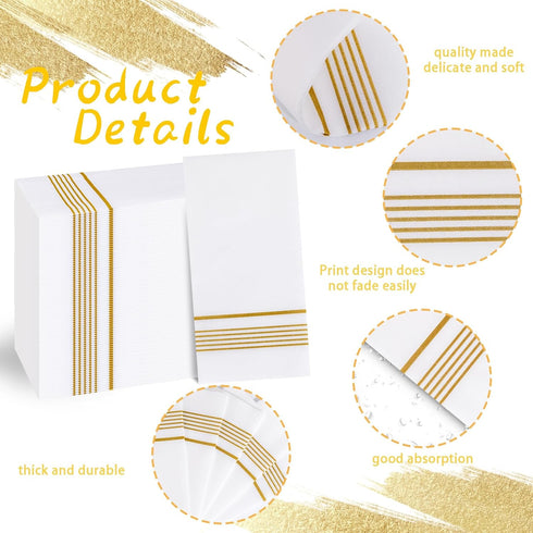 200 PCS Gold Napkins Disposable Hand Towels, Soft and Absorbent Linen Feel Dinner Napkins, White and Gold Paper Napkins, disposable hand towels, Paper Guest Towels for Bathroom Kitchen Wedding Party