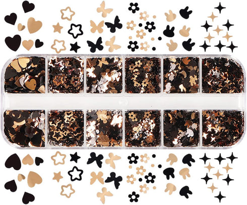 Nail Art Glitter Flakes, Mixed Black Gold Glitter Sequins for Women Manicure Charms and DIY Sparkly Crafts