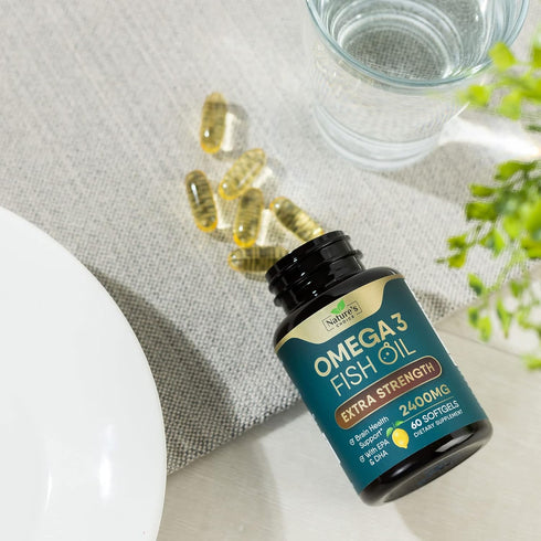 Triple Strength Omega 3 Fish Oil, 2400 mg Supplement - 60 Softgels for Brain & Heart Health Support