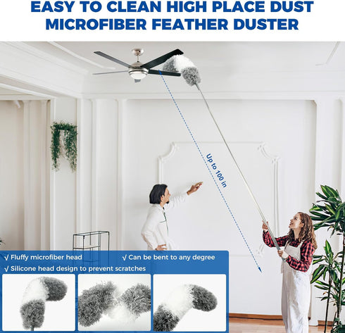 4 Pcs Dusters for Cleaning, 2 in 1 Microfiber Dusters with 30-100 Inches Long Handle for Ceiling Fan Cleaning