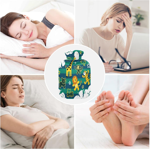 miaozhen 2L Funny Giraffe Monkey Stripe Green Blue Cute hot Water Bottle with Soft Cover hot Compress for Period Cramps