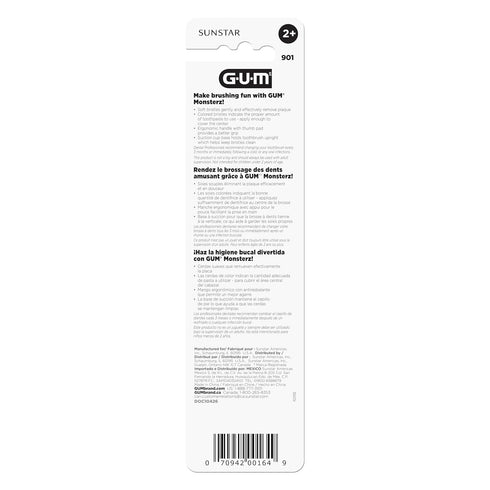 GUM Monsterz Children and Toddler Toothbrush, Soft Bristled Kids’ Toothbrush with Suction Cup, 2ct (6pk) for Ages 2+