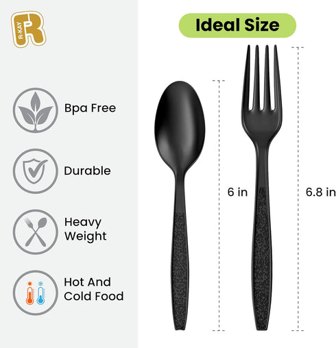 200 Count Heavy Duty Black Plastic Silverware Set, BPA Free Plastic Forks and Spoons for All Occasions