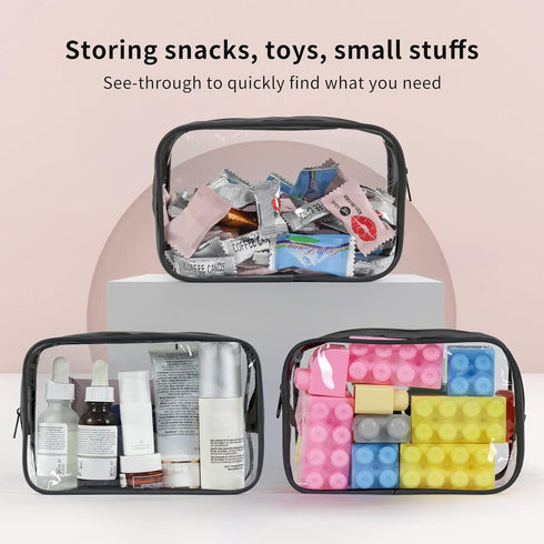 12 PCS Clear Toiletry Bag for Women and Men, Transparent TSA Approved Cosmetic Organizer Pouch (Black, Small)