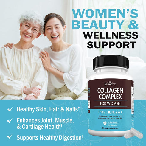 Multi Collagen Pills for Women, 135 Capsules | Types I II III V X with Vitamin C, Hyaluronic Acid, Biotin & Digestive