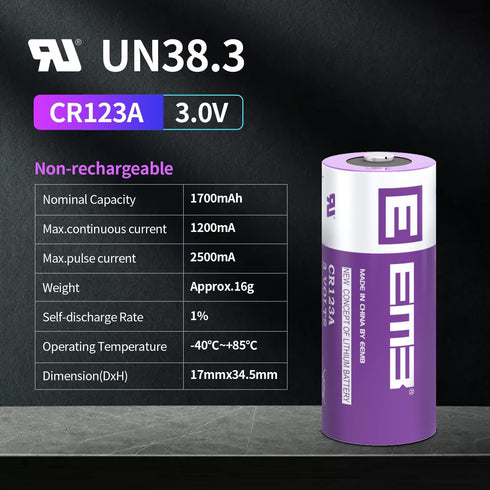EEMB 10PACK CR123A Lithium Batteries 3V 1700mAh CR123 Battery with High Capacity for Flashlight Toys Alarm System Non-Rechargeable Battery
