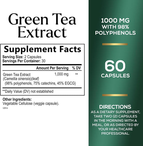 Green Tea Extract Pills 1000mg with EGCG for Heart Support with Antioxidants - 98% Standardized Polyphenols - 3X Absorption Green Tea Capsules for Natural Energy, Gentle Caffeine - 60 Capsules