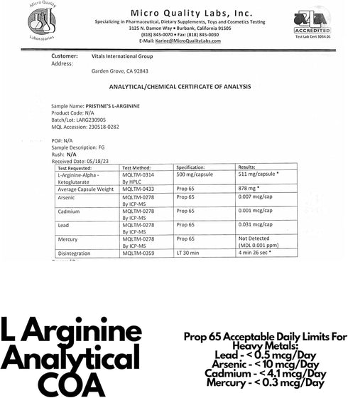 PRISTINE'S L Arginine 1000mg Nitric Oxide Blood Flow Supplement Capsules - 90 Day Supply for Energy & Endurance