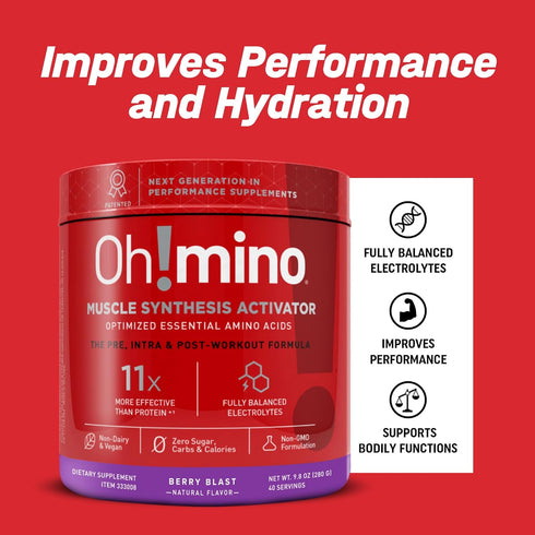 Oh!mino Amino Acid Energy Blend - Pre-Post Workout Powder, BCAA Amino Acids, 280 g, 40 Servings, Caffeinated Berry Blast
